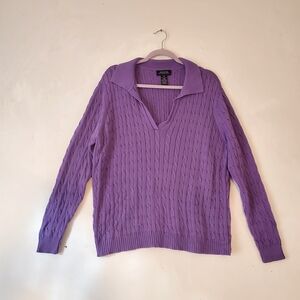 Purple Cable Knit Cotton Sweater Top Vneck Women Plus Size 1X‎